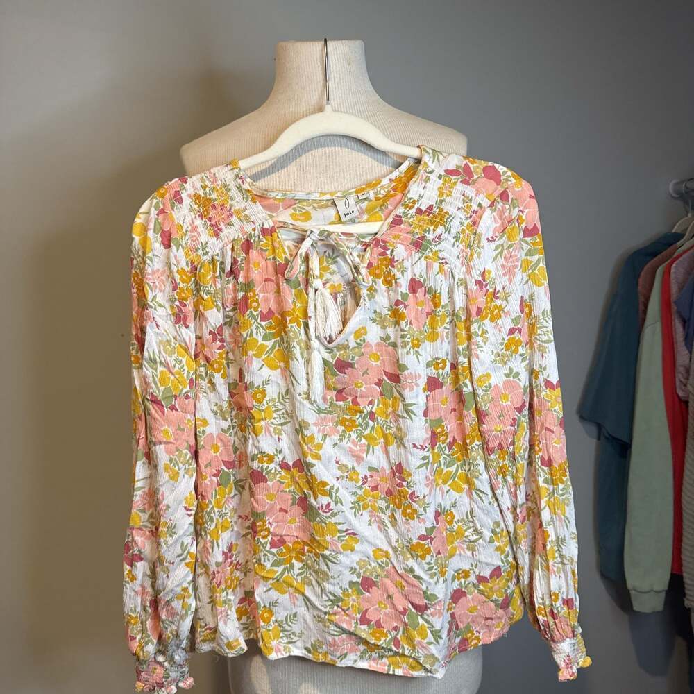 Joie Women size M Vivette Orange Floral Boho Tassels Smocked Trim Peasant Top